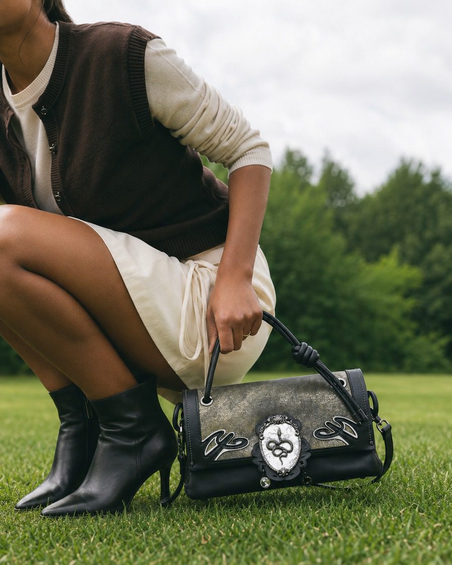 A model crouched on a lawn, holding the Gilded Venom serpent-medallion bag